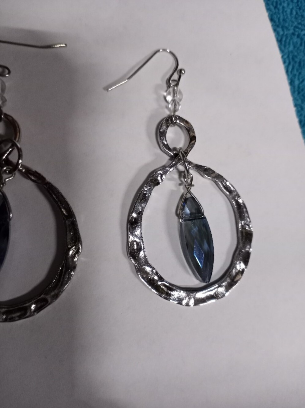 Silver Hoop Drop Earrings with Blue Crystal Accent